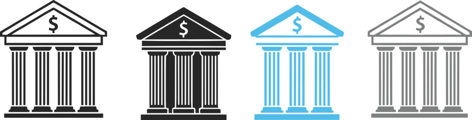 Obraz premium Set of financial bank building icons with classical pillars and dollar symbols in various color styles for finance concepts.