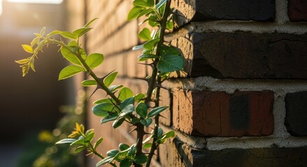 Thorny vine with green leaves grows on a brick wall in sunlight.