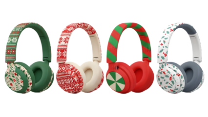 Four festive christmas headphones with holiday patterns on transparent background