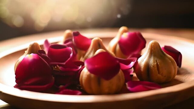 Delicious Modak dessert served on wooden plate with rose petals, a traditional Indian sweet for Ganesh Chaturthi festival.