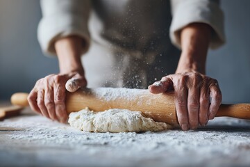 Hands pressing dough with a wooden rolling pin, flour dusting the surface, capturing the art of traditional baking.