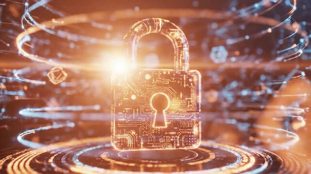 Title: A glowing digital lock with circuit board patterns and blue light effects on a dark