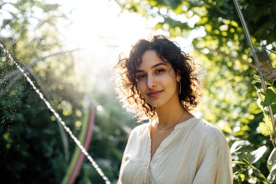 A beautiful young woman with curly hair smiles gently while enjoying the bright sunshine in her garden - Powered by Adobe
