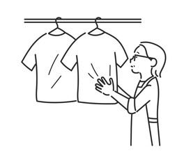 洗濯物を干す40代女性のイラスト　線画のみ