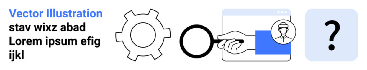 Gear for process, magnifying glass for search, browser window with sand timer for time, question mark for inquiry. Ideal for problem-solving, exploration, project management, efficiency