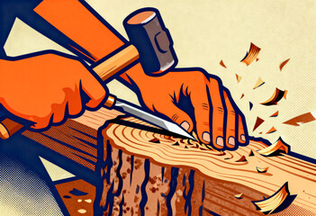 Wood Carver Using Chisel and Mallet to Shape Timber, Traditional Hand Tool Woodworking, Art of Carving and Shaping Wood Plank