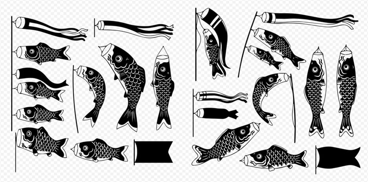 Set of traditional Japanese Koinobori carp wind socks in various styles and sizes.