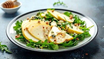 Close-up of a pear and arugula salad on a white plate