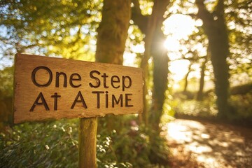 A wooden sign with "One Step at a Time" carved into it, nestled among lush green trees on a sun-dappled forest trail, evoking a peaceful, motivational atmosphere