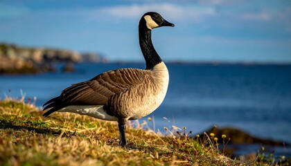 Fototapeta premium A single goose stands in profile on a grassy bank, overlooking a vast blue ocean