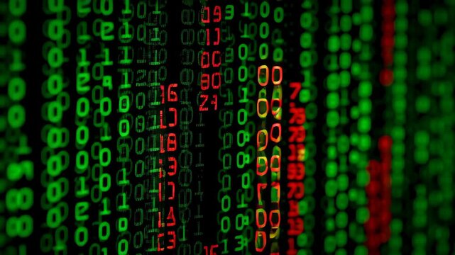 Computer virus and cyberattack on screen concept. Digital numbers with red and green colors depict a cyber threat environment.