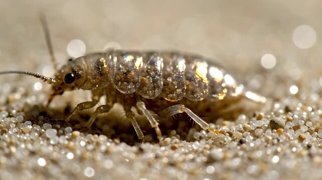 Sand Flea Crawling on Sandy Beach Macro