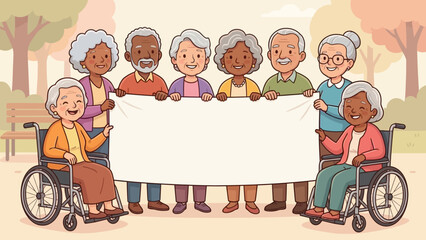 Vector Senior Community Illustration – Elderly Group with Banner in Park for Aging Awareness, Inclusion Campaigns, Retirement Events, and Healthcare Design Themes