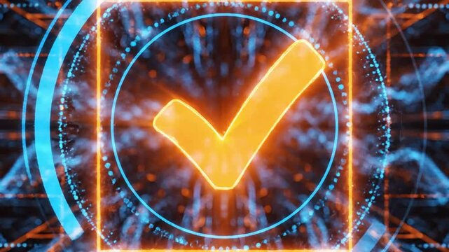 Title: Digital of a glowing orange checkmark inside a blue circle with a futuristic background
