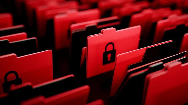 Computer virus and cyberattack on screen concept. Red and black folders symbolize data protection and security threats in digital environments.