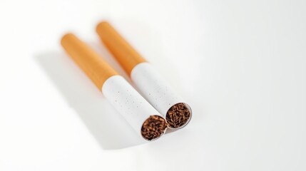 Two cigarettes with white filters on a white surface