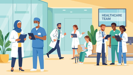 Vector Healthcare Team Illustration – Doctors, Nurses, and Medical Staff Collaborating for Hospital Graphics, Clinical Communication, and Professional Medical Design Themes