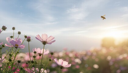 Obraz premium コスモスの花と空とミツバチの秋の風景, Autumn scene with cosmos flowers, sky, and bees 