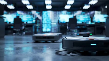 Autonomous robot vacuum cleaner in modern office cleans floor at night. Technology and cleaning concept. - Powered by Adobe