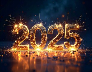 Golden, sparkling numerals "2025" with sparks, festive New Year's eve