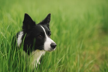 Border collie dog sitting in green grass outdoors in nature