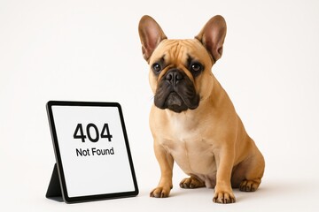 French bulldog sitting next to tablet displaying 404 not found error