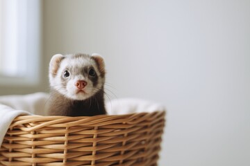Ferret sitting in wicker basket indoors with soft natural light
