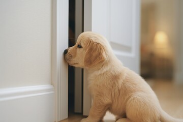 Golden retriever puppy looking through door gap inside home