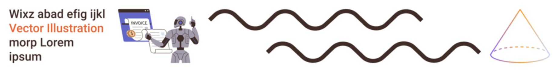 Artificial intelligence, technology design, informational presentation, data science visual, digital concepts, futuristic graphics. Robot pointing to a text panel, wavy lines, and a triangular