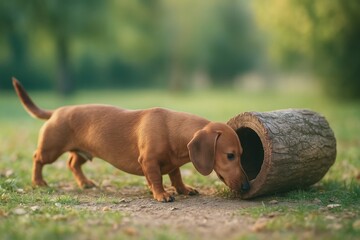 Dachshund puppy sniffing wooden log outdoors in natural setting