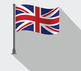 Uk flag waving on pole flat vector illustration for U