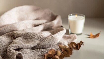 キャンドルと枯れ枝と布 — 秋の静けさを映す静物 Candle, Dried Branch, and Fabric — Still Life Reflecting Autumn Serenity 