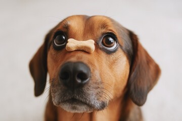 Dog balancing treat on nose indoors waiting for reward