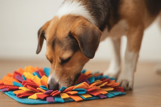 Dog sniffing colorful snuffle mat on wooden floor for enrichment