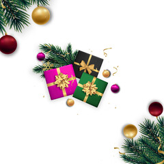 Vibrant holiday gift boxes with festive ornaments and pine branches against a stark for celebration on transparent background