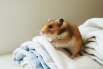 Hamster sitting on folded soft fabric indoors close up
