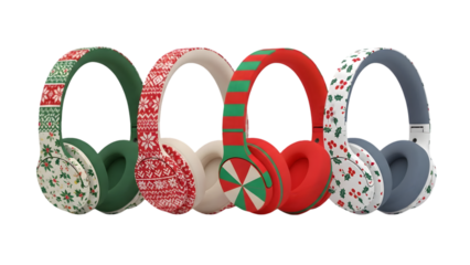 Colorful christmas patterned headphones on display for holiday season isolated on transparent background