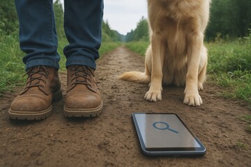 Person standing with dog on dirt path using smartphone with search icon