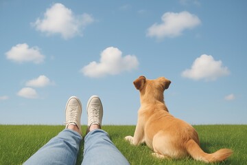 Person relaxing on grass with dog looking at blue sky outdoors