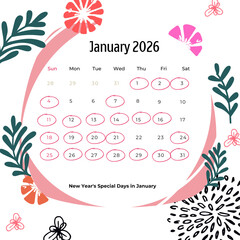 Fototapeta premium Decorative floral january 2026 calendar highlighting new year's special days with circled dates for planning on transparent background
