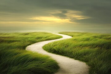 A winding path through vibrant green grass leads to a distant horizon, illuminated by soft, warm light, evoking feelings of peace and inspiration