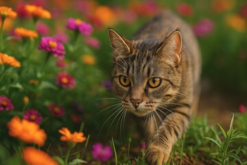 Tabby cat walking through colorful garden flowers in natural outdoor setting