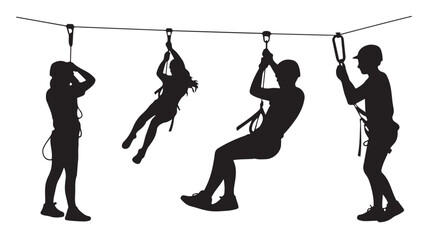 Zipline adventure sport silhouettes for outdoor activity and recreation concept, black icons