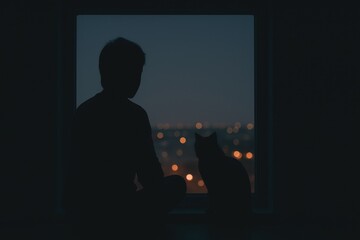 Silhouette of person sitting with cat by window at night city view