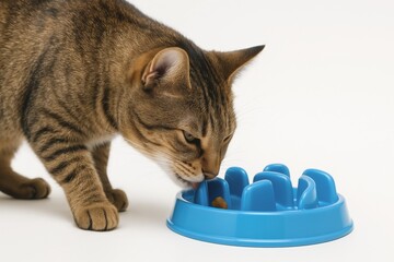 Tabby cat eating from blue slow feeder bowl on white background