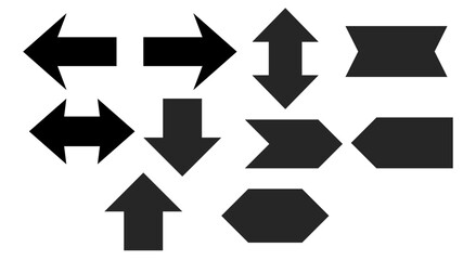 A collection of bold geometric arrow icons in various directions. Perfect for user interface design, infographics, presentations, navigation elements, and graphic design projects.