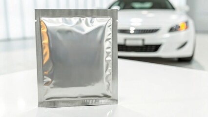 3D Packaging Mockups Shiny silver package with a white car blurred in the background.