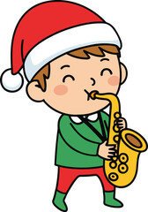 Cute Christmas Boy Playing Saxophone in Festive Outfit Cartoon Illustration Vector