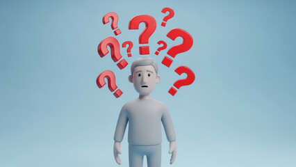Man surrounded by question marks confusion concept