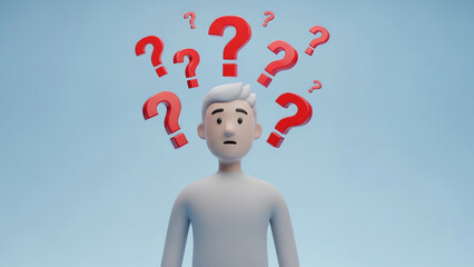 Man surrounded by question marks confusion concept